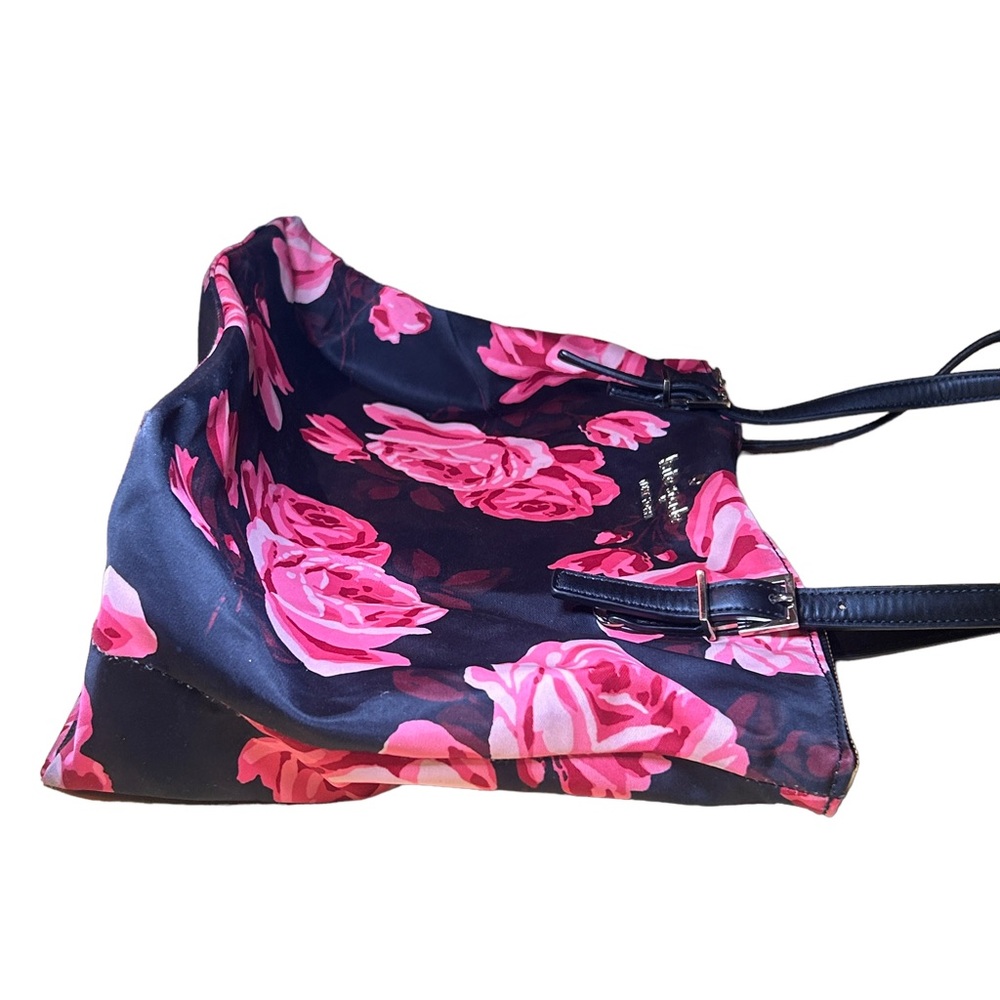 Kate Spade Floral Roses Fabric + Leather Trim Large Black Shoulder Bag Purse - Picture 5 of 15